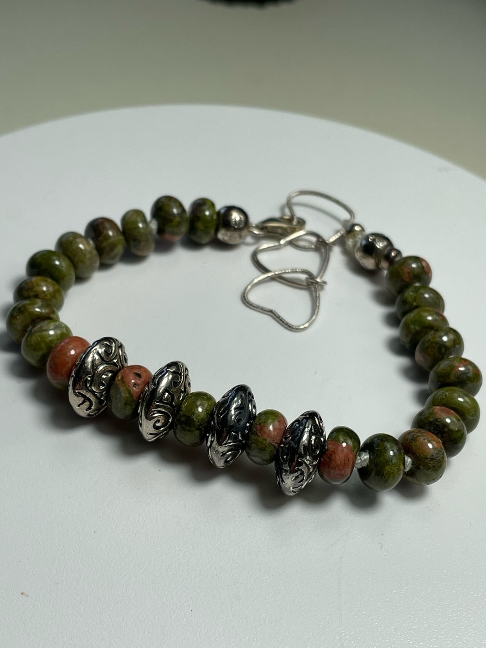 Earth and Metal. Knotted Unakite and Antique Silver Discs Bracelet.
